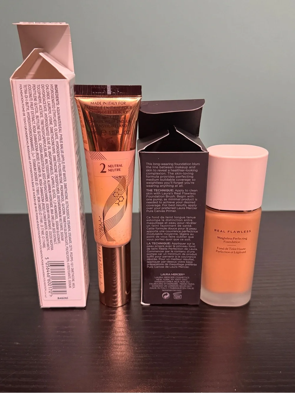 Charlotte Tilbury & Laura Mercier Foundation Duo in 2 Neutral & 4W1 Suntan
